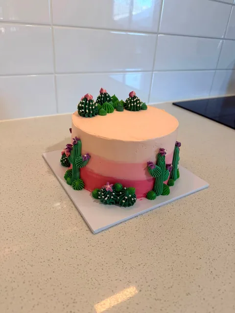 Pink and peach ombre buttercream cake with piped green cacti and pink flowers