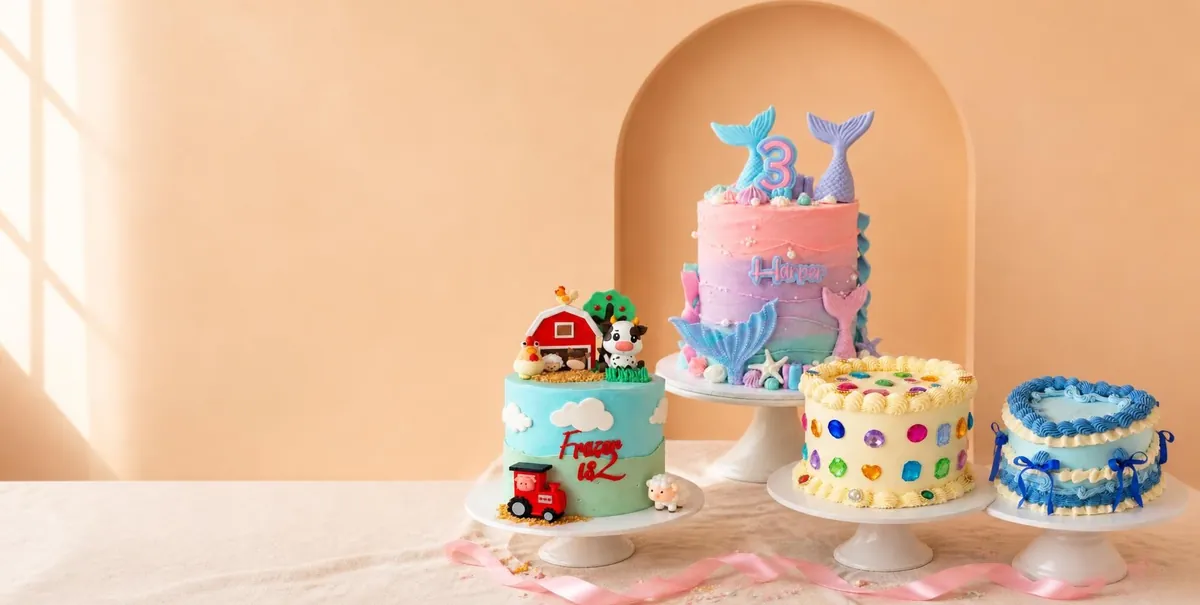 Mermaid, farmyard, jewelled and blue vintage heart cakes on white cake stands in front of a peach arch