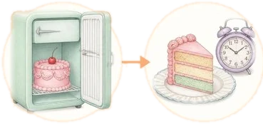 Drawing: a cake in the fridge, then a slice on a plate beside a clock