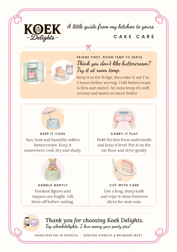 Koek Delights cake care card with the same tips as this page: fridge first, room temp to serve; keep it cool; carry it flat; handle gently; cut with care.